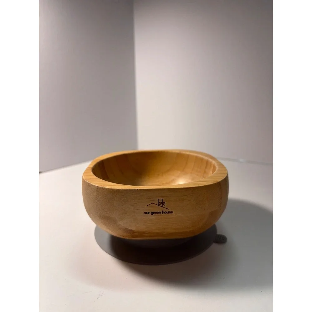 Our Green House Bamboo Suction Bowl Kids Feeding Natural Wood Gray Base